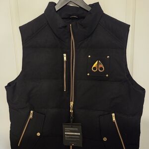 Moose Knuckles Black Quilted Sleeveless Puffer Vest with Gold Hardware